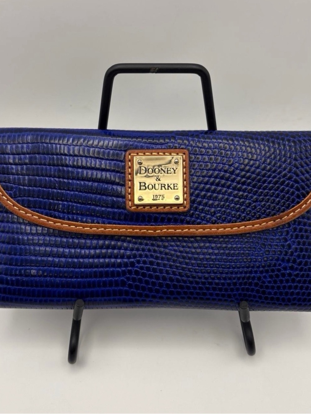 Dooney & Bourke Navy Blue Croc-Embossed Wallet with Tan Trim